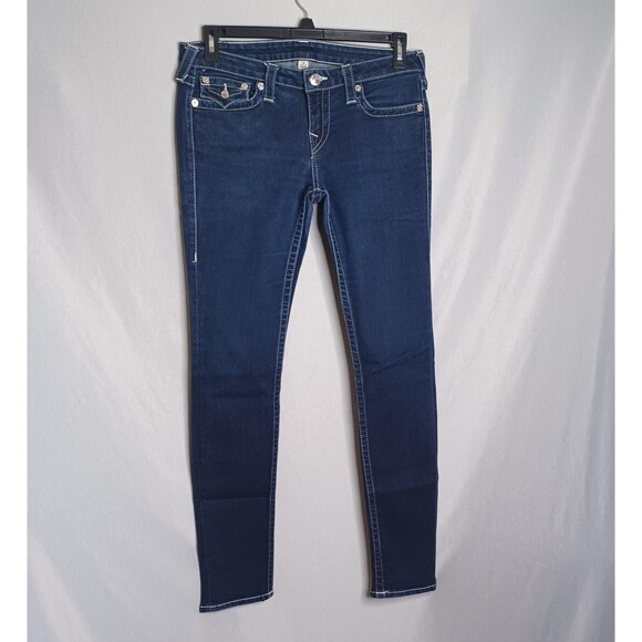 True Religion Jeans Womens 32 Blue Skinny Rhinestone Pocket Stretch Denim Pants - Picture 1 of 16
